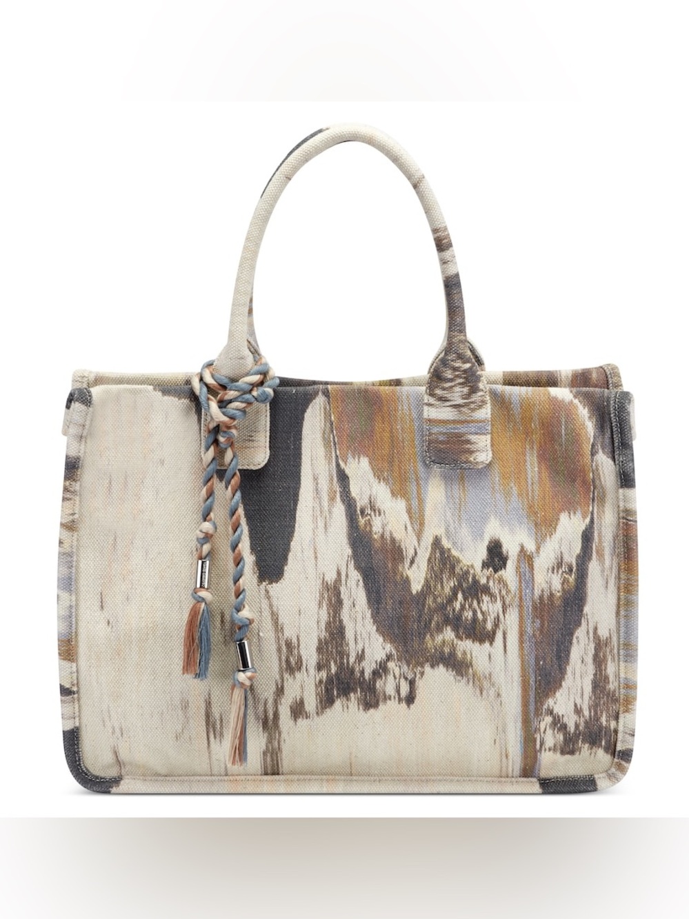Vince Camuto Orla 100% Cotton Canvas Tote Bag Tan Mixed Neutral Print Tassel